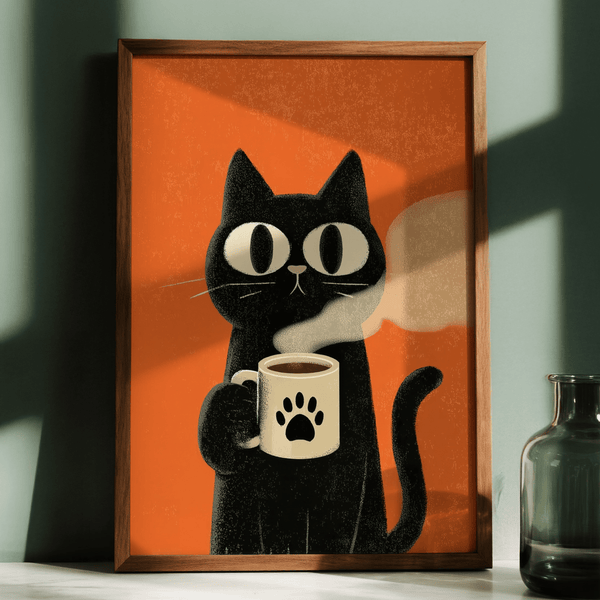 Cat Coffee Mug Print, whimsical Black cat, Orange office wall art