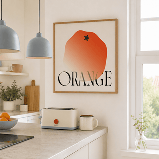 Graphic orange fruit print poster with serif typography and negative space