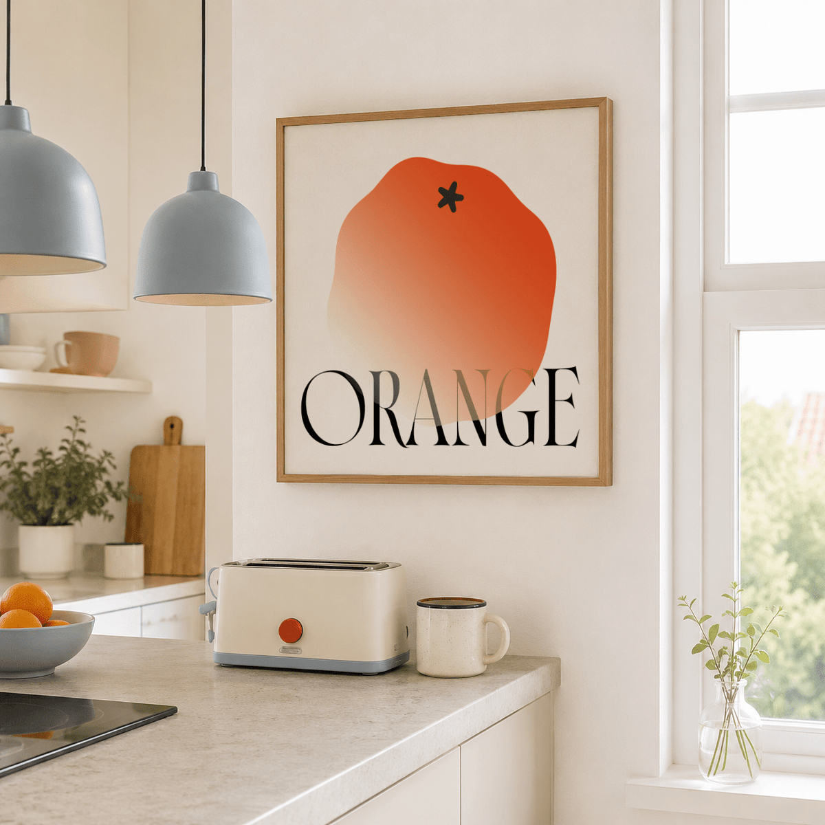 Graphic orange fruit print poster with serif typography and negative space