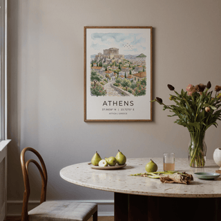 Minimal text-based travel poster reading ATHENS with coordinates and region label