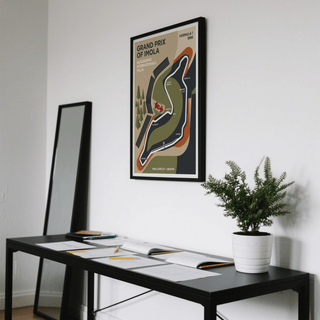 Depicting a race track map, this wall art print includes section names, grandstand lines, and a checkered marker