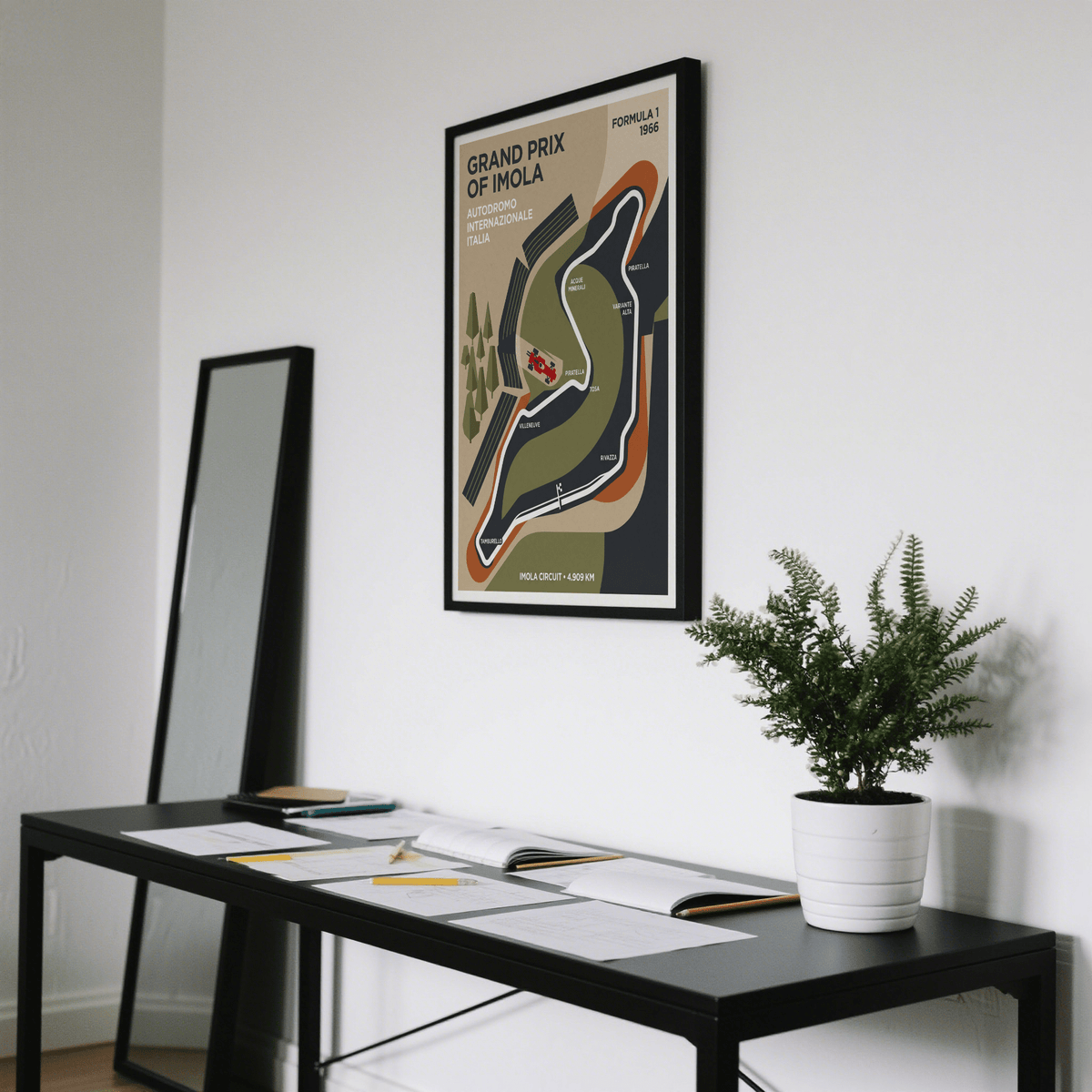 Depicting a race track map, this wall art print includes section names, grandstand lines, and a checkered marker