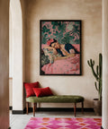 Frida Kahlo Art Prints capturing serene beauty with pink roses and jungle-inspired backdrop.