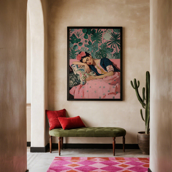 Frida Kahlo Art Prints capturing serene beauty with pink roses and jungle-inspired backdrop.