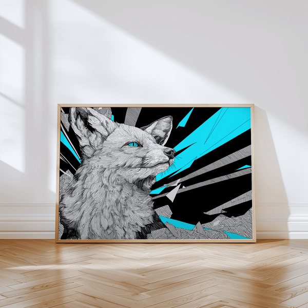 Retro Fox Art Print featuring bold Blue and Black colors for office decor
