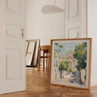 Colorful Barcelona skyline and buildings featured in Travel Wall Art.