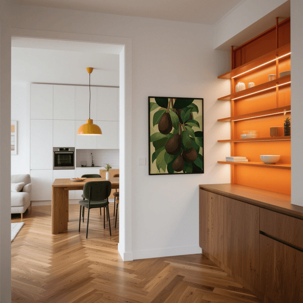 Avocado Wall Art Print showcasing green fruit and beige leaves for home art print