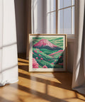 Japanese wall decor featuring iconic Mount Fuji and blossoms.