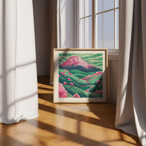 Japanese wall decor featuring iconic Mount Fuji and blossoms.