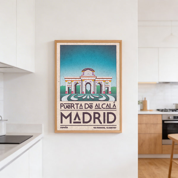 Framed-style view of Madrid city landmark print poster showing Puerta de Alcalá and decorative paving motifs
