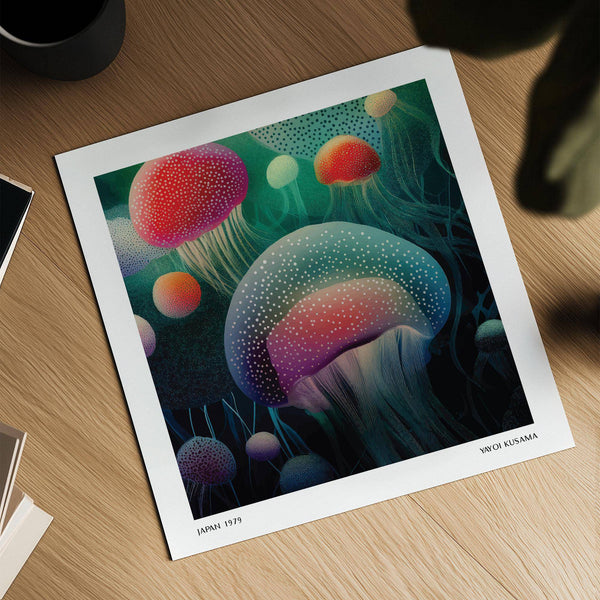 Square-format ocean prints featuring teal and pink jellyfish art