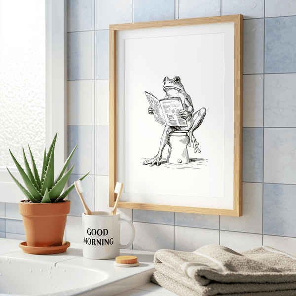 Frog Reading Art Print showing a frog reading while seated on a toilet