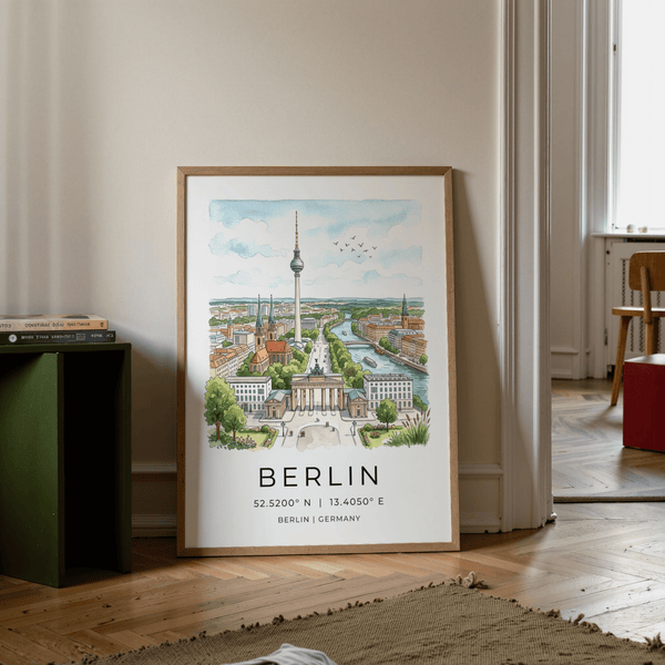 Close-up of coordinate typography on Berlin City Art Print