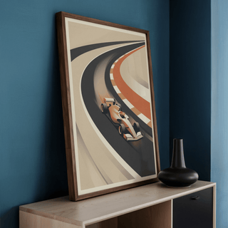 Minimalist motorsport wall art print showing a single formula car entering a broad corner
