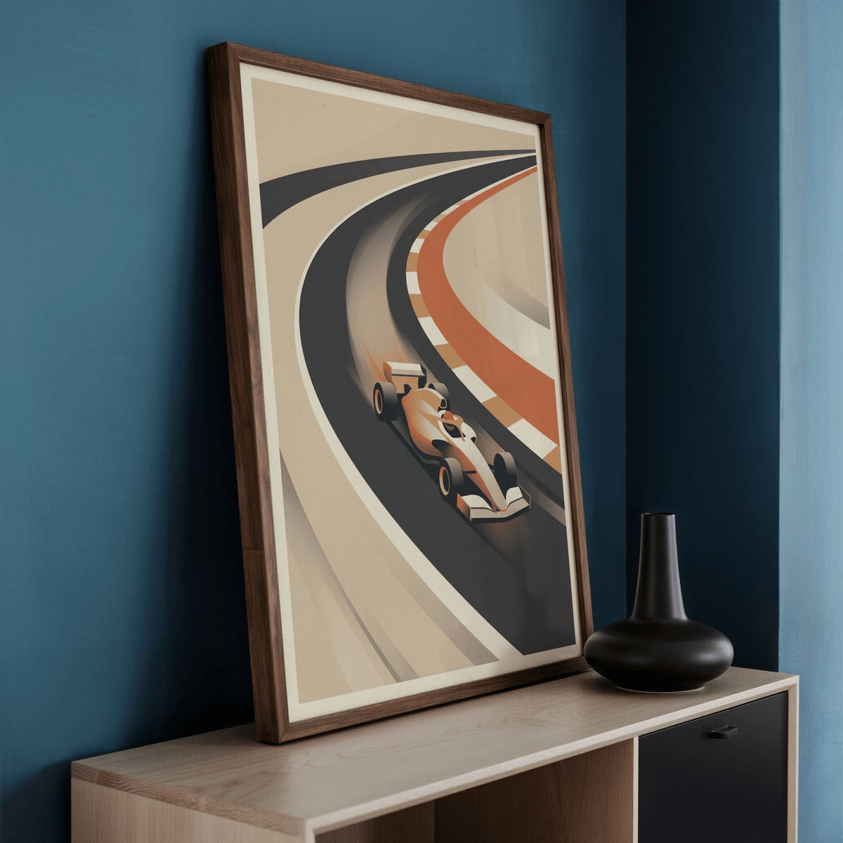 Minimalist motorsport wall art print showing a single formula car entering a broad corner