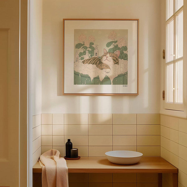 Japanese posters with cat in bath and hydrangea flowers for bathroom decor
