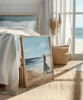 Beach Woman Art Print, Blue and White tones for relaxing guest room decor