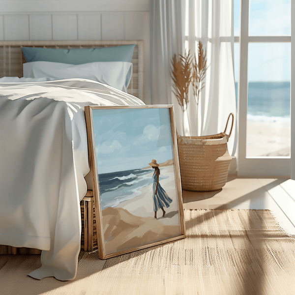 Beach Woman Art Print, Blue and White tones for relaxing guest room decor
