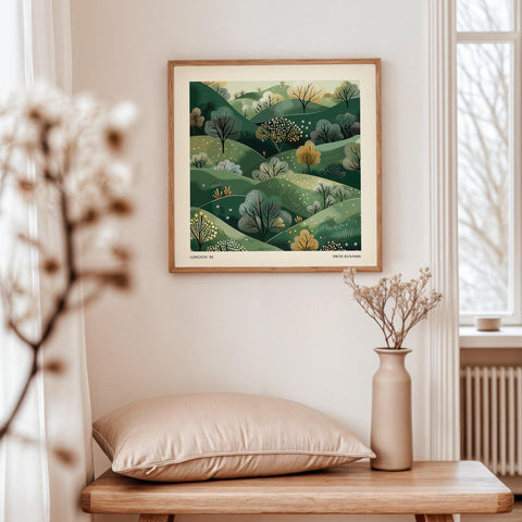 Nature-inspired wall print with abstract hills.