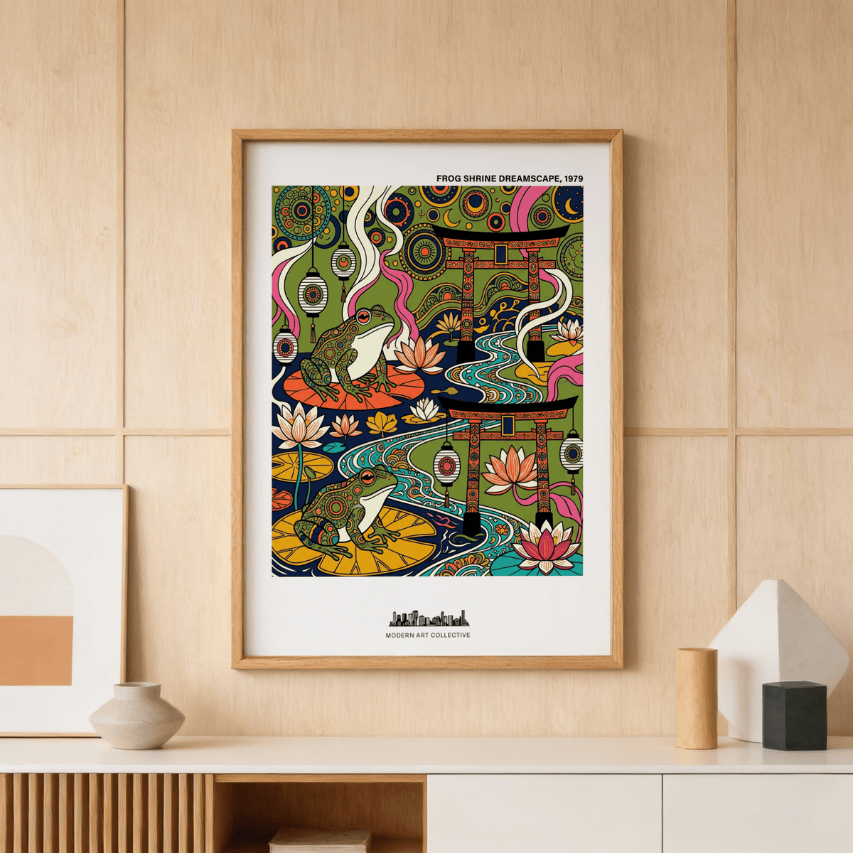 Showing a frog on a lily pad, wall art print with torii gate and swirling river lines