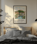 Illustrated Ljubljana cityscape wall art showing riverboats and bridge
