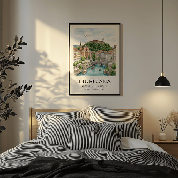 Illustrated Ljubljana cityscape wall art showing riverboats and bridge