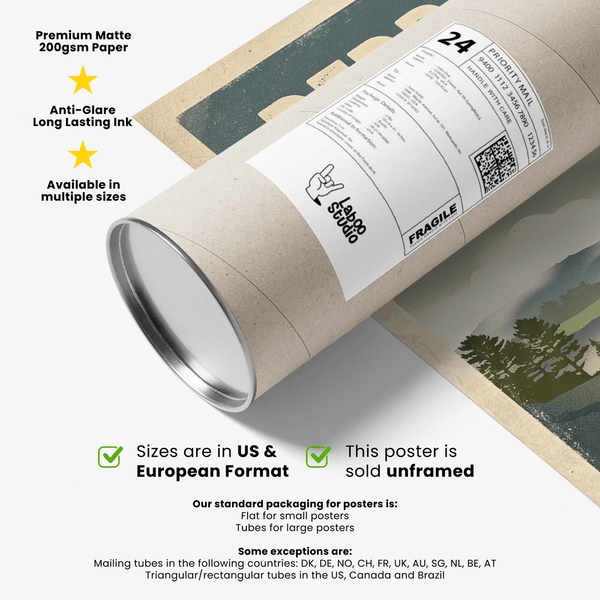 Illustrated golfer at tee box backed by rugged shoreline and flag on green