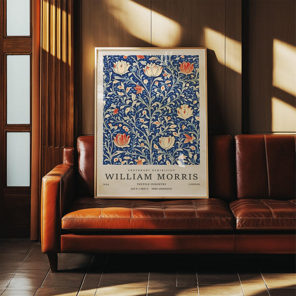 Botanical vintage flower wall art in blue, coral, and cream for hallway use