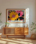 Colourful floral wall art with pink and yellow flower design