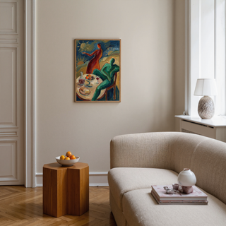 Close up of brushwork on Dining Scene Wall Art with decanter and fruit bowl