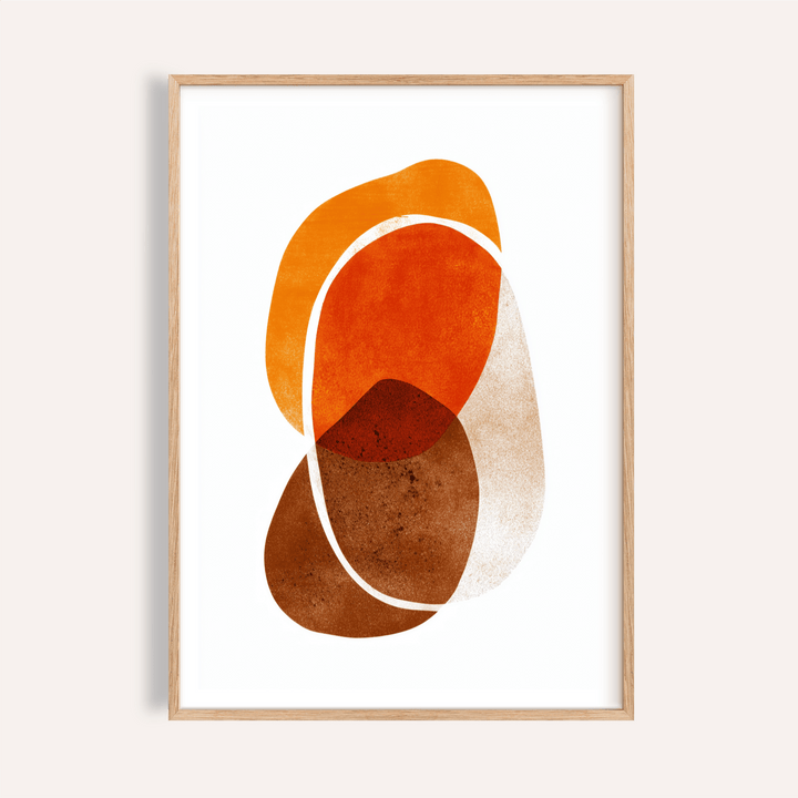 Orange Shapes Art Print with layered rounded shapes and thin curve