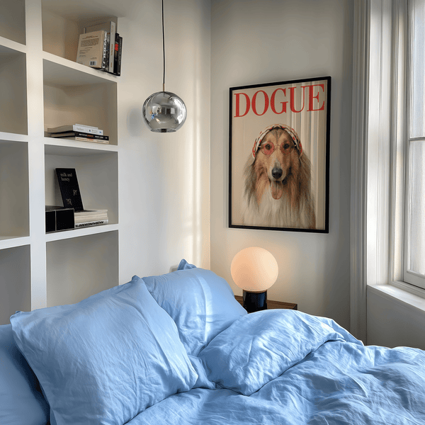 Playful Rough Collie Dogue Print with accent Red, fitting wall art for creative offices
