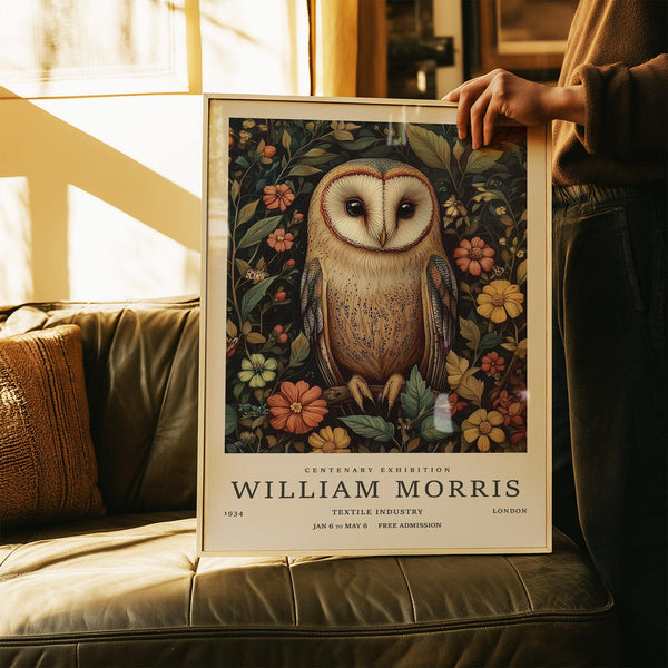 Forest-themed owl prints with floral background for cozy living room decor
