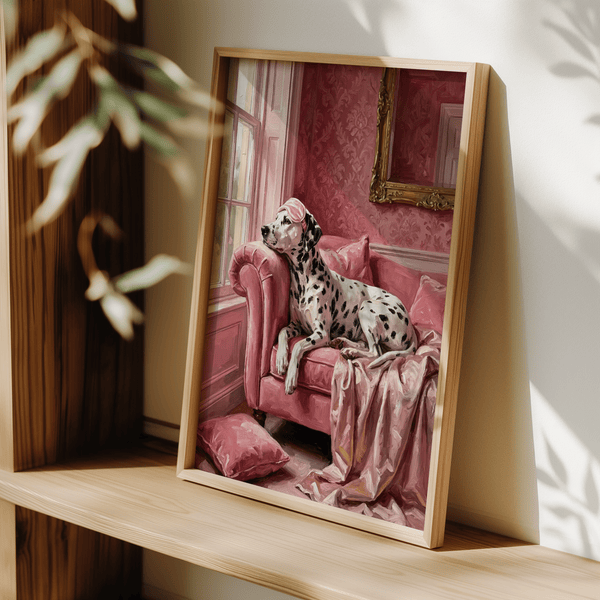Dalmatian Art Print excellent for pet-friendly living rooms in soft Pink tones