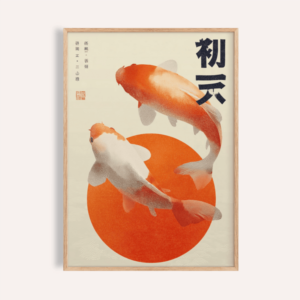 Koi Fish Wall Art in red, orange, beige for living room poster