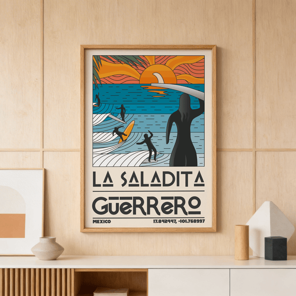 Surfer silhouettes ride waves in Surfing Sunset Print wall art