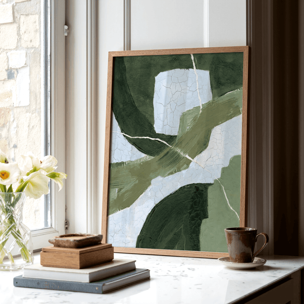 Abstract Green Wall Art for office features green, white, and blue tones