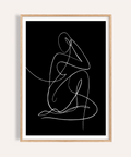 Minimalist Human Form Art Print on black background with single white line figure