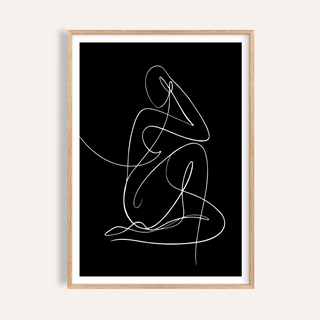 Minimalist Human Form Art Print on black background with single white line figure