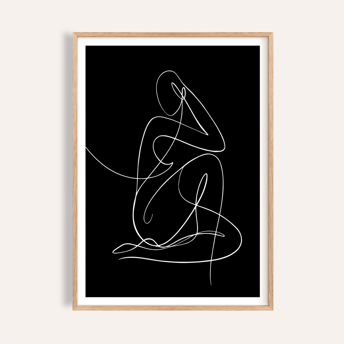 Minimalist Human Form Art Print on black background with single white line figure