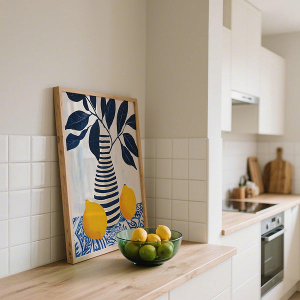 Close-up of lemon art print with two lemons and expressive brushstroke leaves.