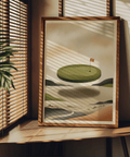 Depicting a golf poster with oval green, cup and flag, and winding path below
