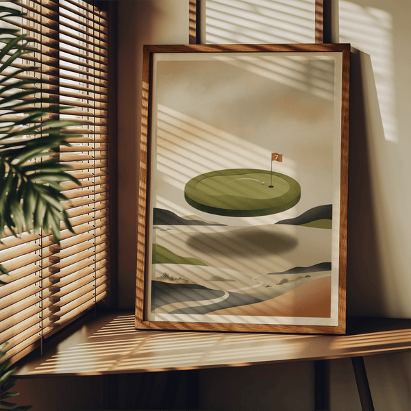 Depicting a golf poster with oval green, cup and flag, and winding path below