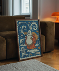 Blue and Red Hotei Wall Art with round-bellied figure and sack