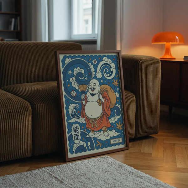 Blue and Red Hotei Wall Art with round-bellied figure and sack