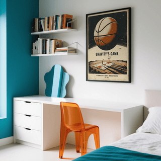 Retro style space sports poster with distressed border and small figure shooting