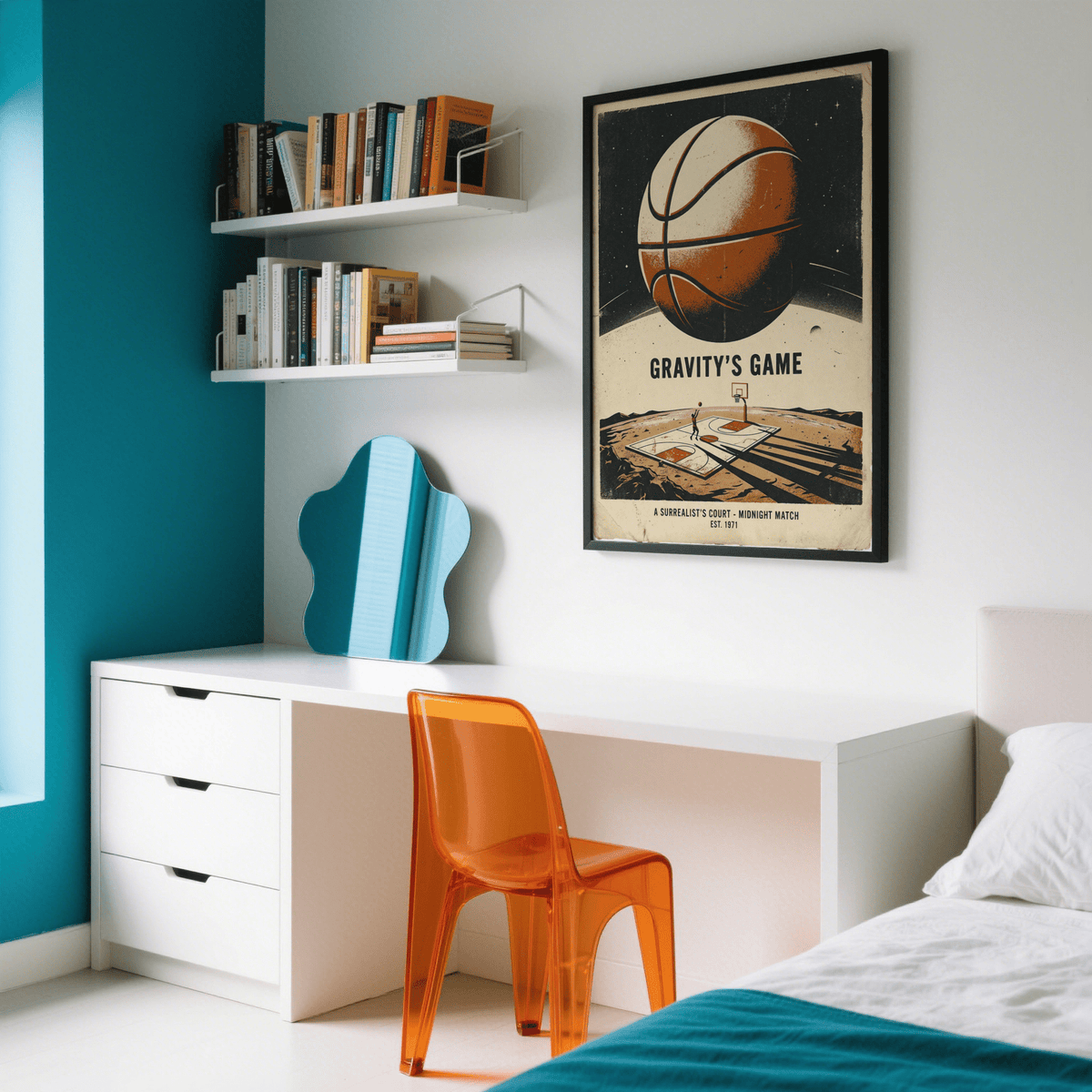 Retro style space sports poster with distressed border and small figure shooting