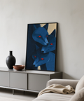 Minimal graphic animal poster with layered fox silhouettes and almond-shaped eyes