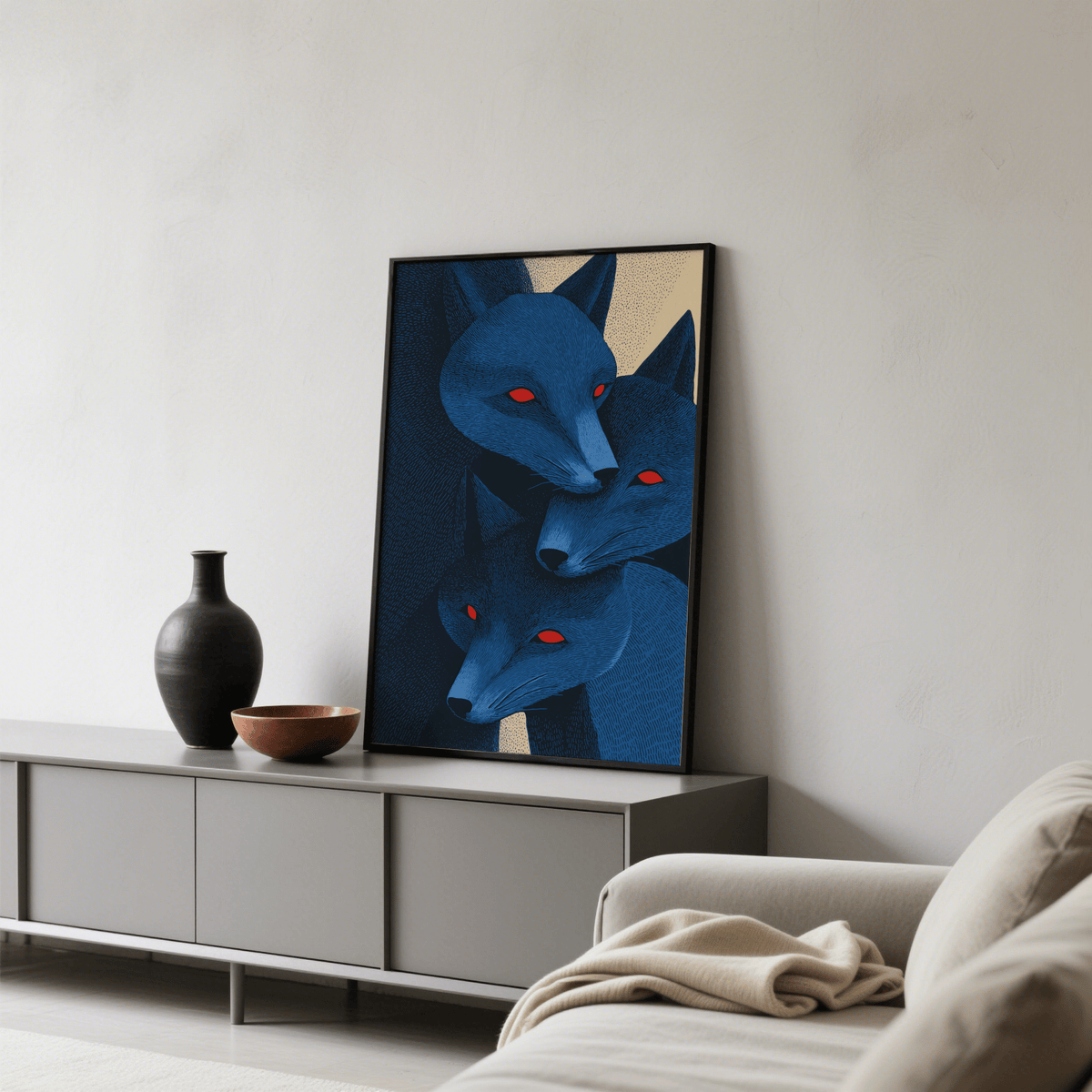 Minimal graphic animal poster with layered fox silhouettes and almond-shaped eyes