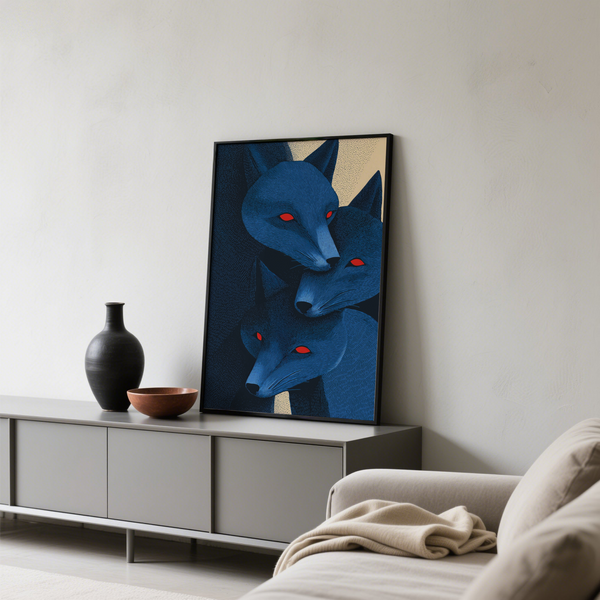 Minimal graphic animal poster with layered fox silhouettes and almond-shaped eyes